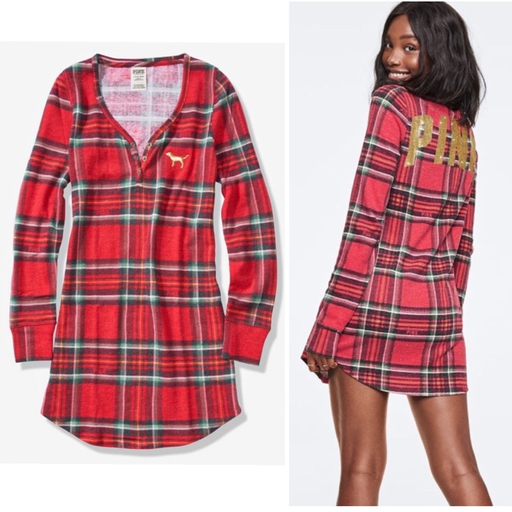 VS PINK Bling Red Plaid Cozy Sleep Dress Pajama M